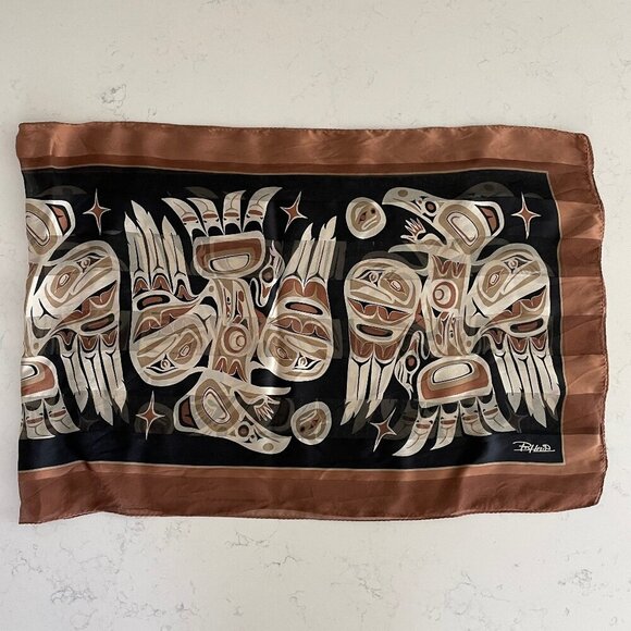 Bill Helin Native Art 100% Silk Satin Stripe Scarf Raven Brown Cream Black Sz OS - Picture 1 of 6